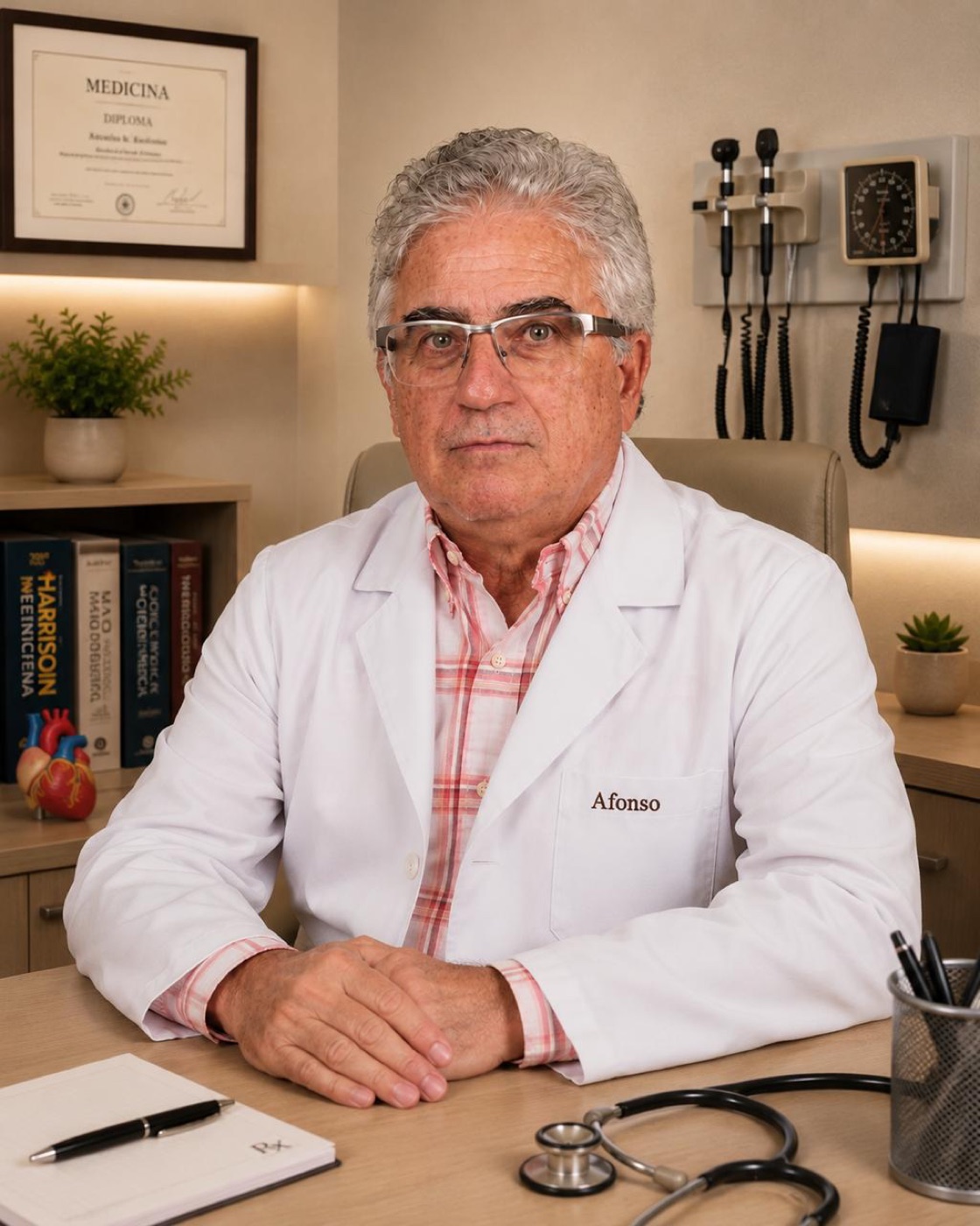 Médico de medicina geral e familiar no consultório da Clínica Santa Eulália